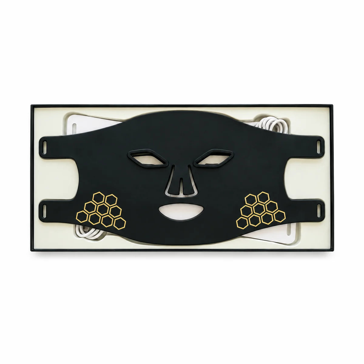 Black HELLOFACE mask with gold honeycomb cheek details